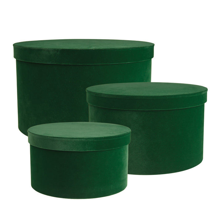 Set of 3 Large Velour Hat Boxes - Dark Green