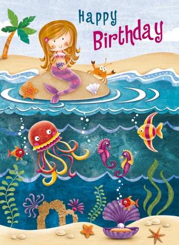 7x5" Card -  Happy Birthday - Mermaid & Sea Animals