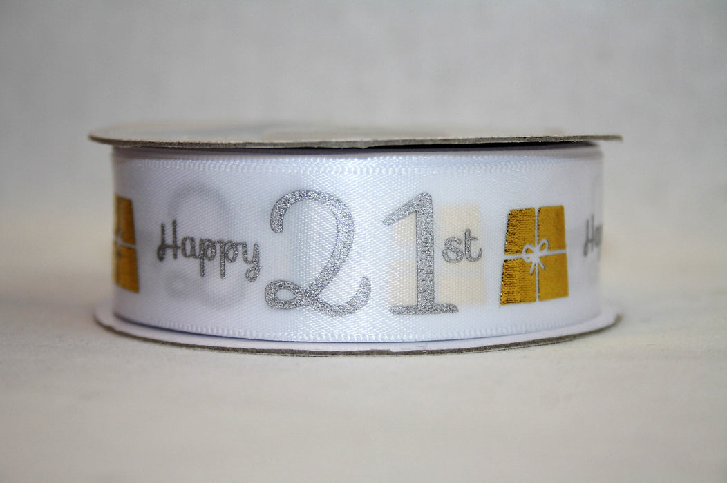 Happy 21st Silver & Gold on White Satin Ribbon 25mm
