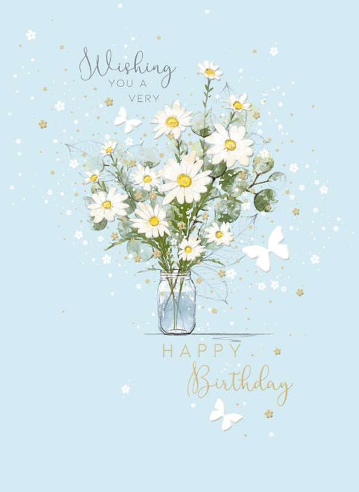 7x5" Card - Happy  Birthday - Daisies on Blue Background