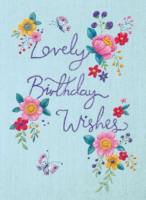 7x5" Card -  Lovely Birthday Wishes Card - Stitched Writing Image