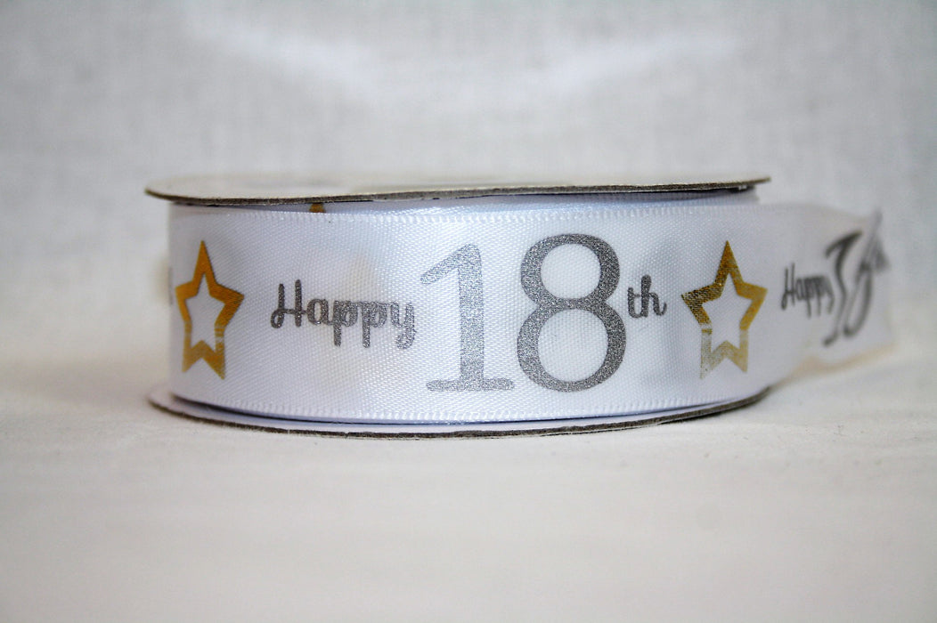 Happy 18th Silver & Gold on White Satin Ribbon 25mm