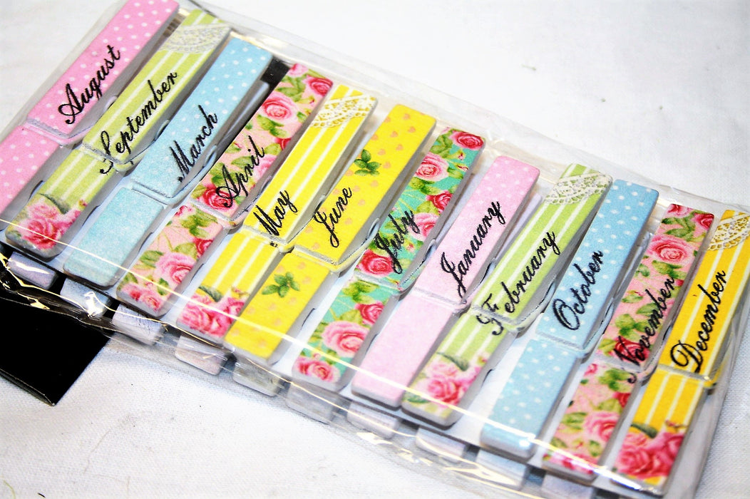 12 Vintage Patterned Month of the Year White Pegs