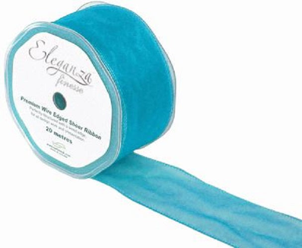 Sheer Organza Wired Edge Ribbon- 50mm x 20m- Turquoise