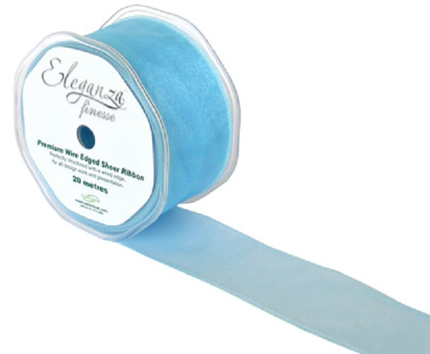 Sheer Organza Wired Edge Ribbon- 50mm x 20m- Light Blue