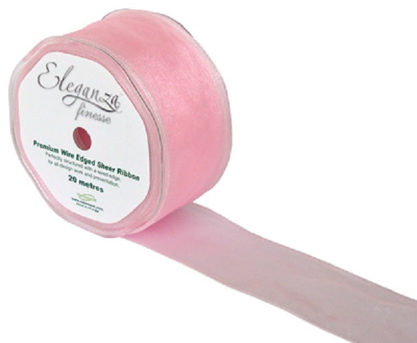 Sheer Organza Wired Edge Ribbon- 50mm x 20m- Light Pink