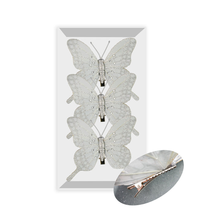 3 x Silver Glitter Feather Butterflies