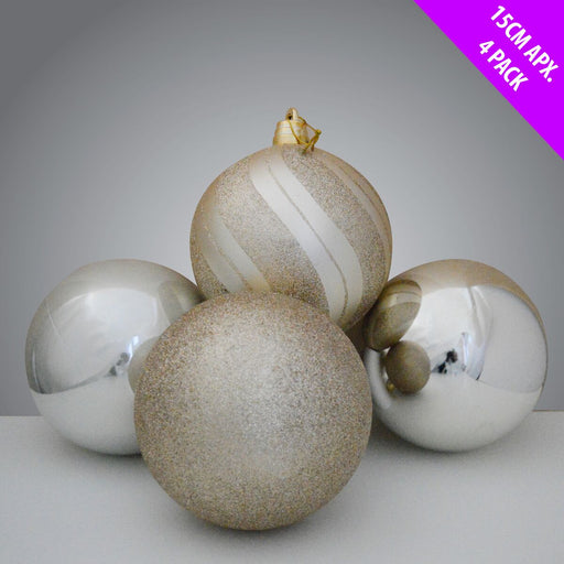 4 Giant Glittered And Shiny  Baubles x 15cm - Champagne Gold