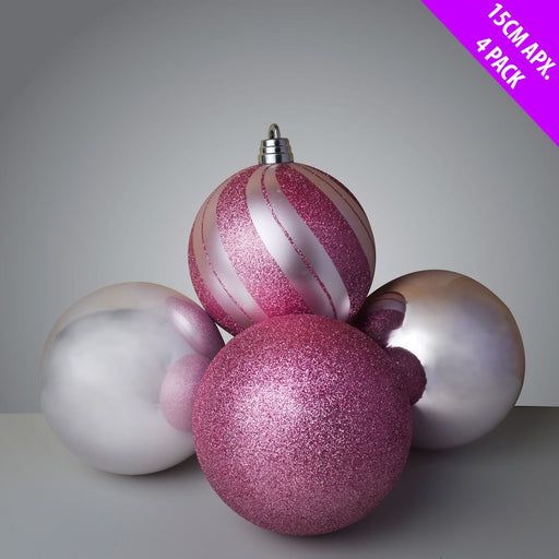 4 Giant Glittered And Shiny  Baubles x 15cm - Blush Pink