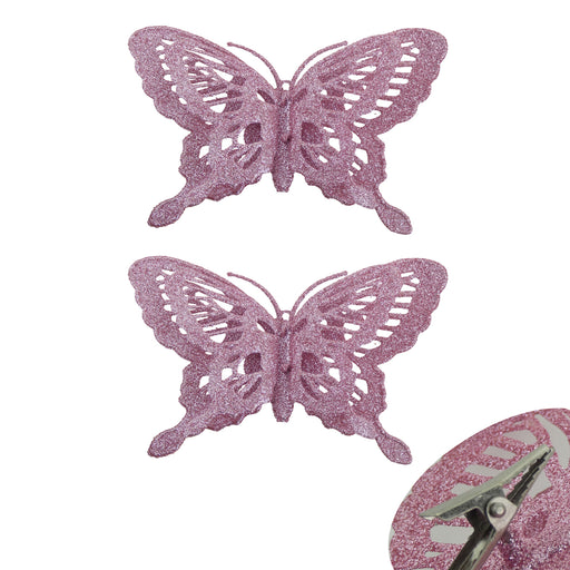 2 Blush Glitter Butterflies x 10cm - Clip On