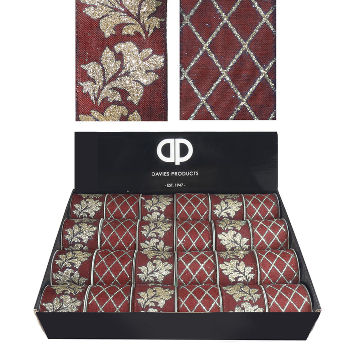 Wine with Gold Decor Wired Edge Ribbon 63mm x 2.7m - One Roll Selected at Random