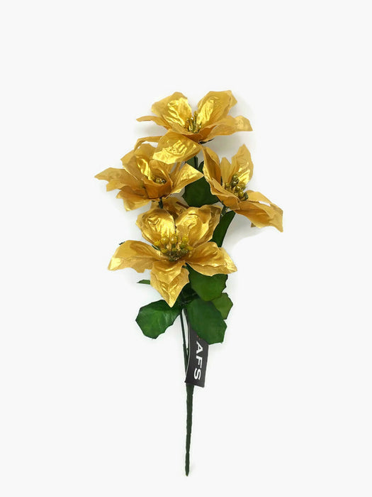 5 Head Poinsettia Bush x 33cm - Metallic Gold