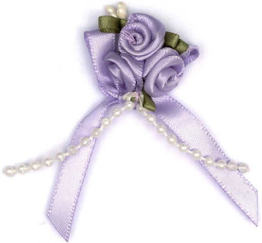Satin Ribbon Bow with 3 Rose Cluster and Beads x 20 Lilac