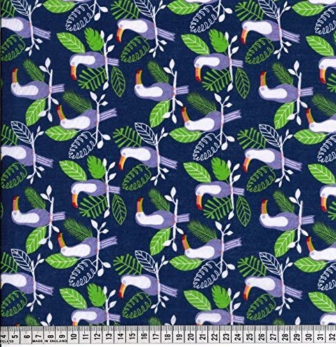 1 Metre Polycotton Tropical Toucan Birds Fabric on Navy Background - 45" Width T206