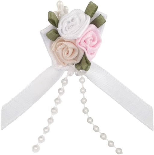 Satin Ribbon Bow with 3 Rose Cluster and Beads x 20 Assorted Pastel Tones