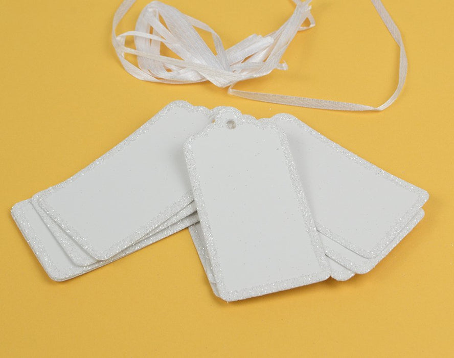 10 x Glitter Edged White Gift Tags With Ribbon