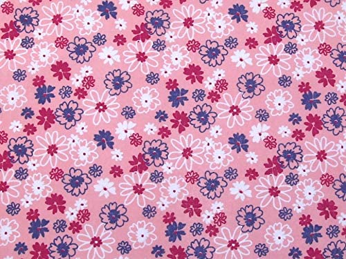 Polycotton Baby Pink Floral Fabric - 45" Width - 1 Metre - Purple, White, Cerise Flowers