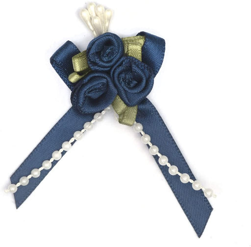 Satin Ribbon Bow with 3 Rose Cluster and Beads x 20 Navy Blue