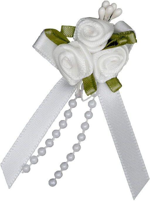 Satin Ribbon Bow with 3 Rose Cluster and Beads x 20 White