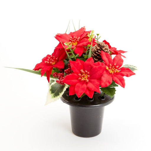Everlasting Blooms Grave Vase Container with Flowers - Red Poinsettia