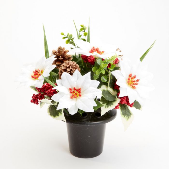 Everlasting Blooms Grave Vase Container with Flowers - White Poinsettia