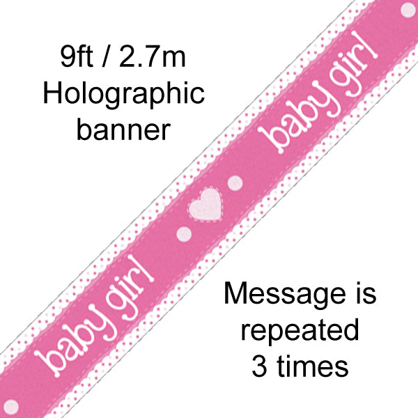 Baby Girl Holographic Foil Banner x 2.7m - Pink