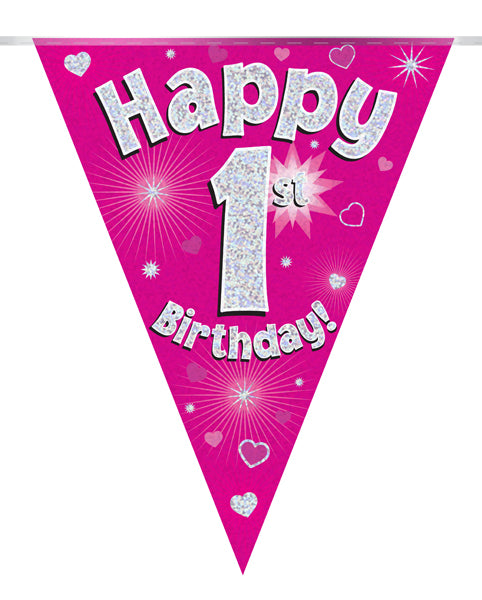 Party Bunting x 3.9m -  Holographic Dot - 11 flags - Pink Happy 1st Birthday
