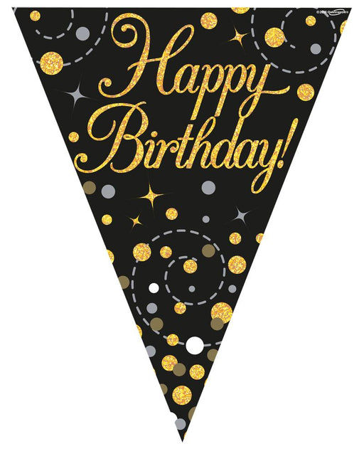 Party Bunting x 3.9m -  Holographic Dot - 11 flags - Black & Gold Happy Birthday