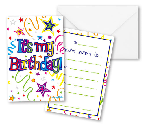 Pack of 8 It's My Birthday Ribbons & Stars Party Invites