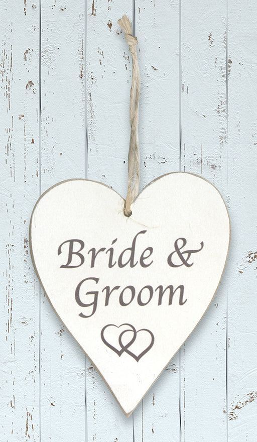 Wooden Hanging Heart 9 x 11cm - Bride & Groom