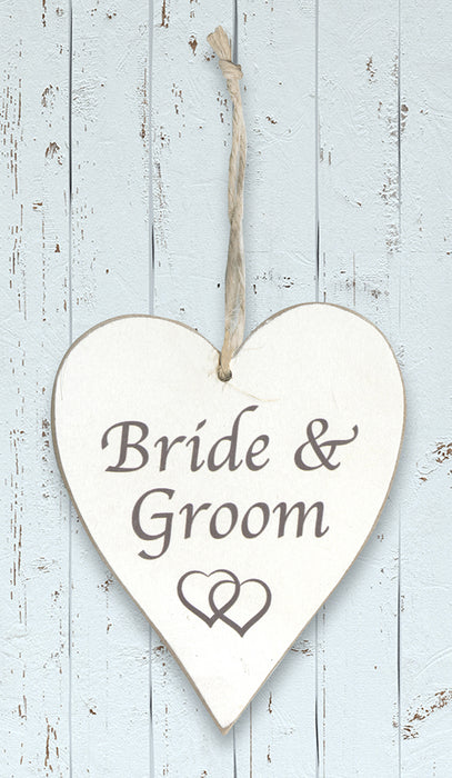 Wooden Hanging Heart 9 x 11cm - Bride & Groom