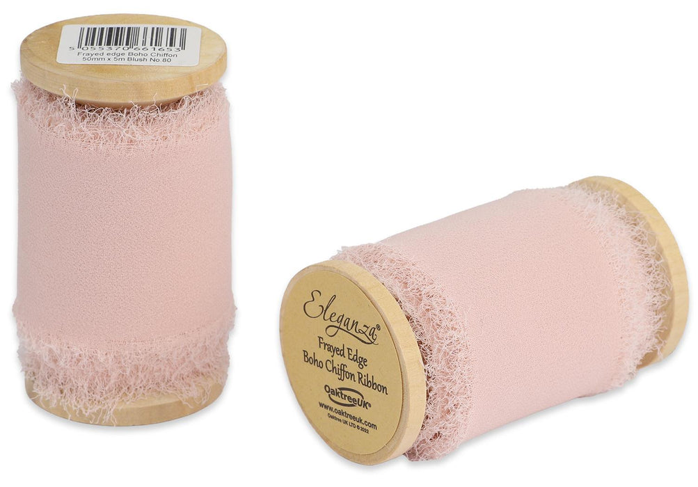 Single Reel of Frayed Edge Boho Chiffon Ribbon - 50mm x 5m - Blush