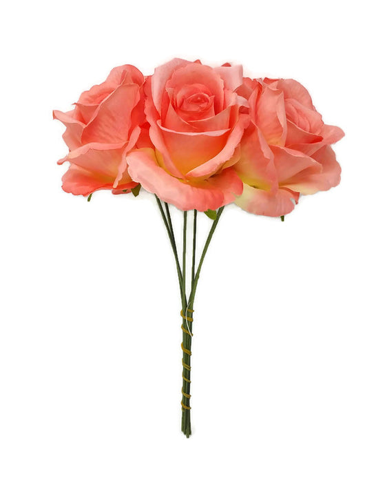 6 Wired Stem Rose Bundle x 27cm - Coral
