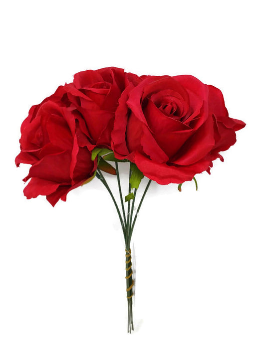 6 Wired Stem Rose Bundle x 27cm - Red