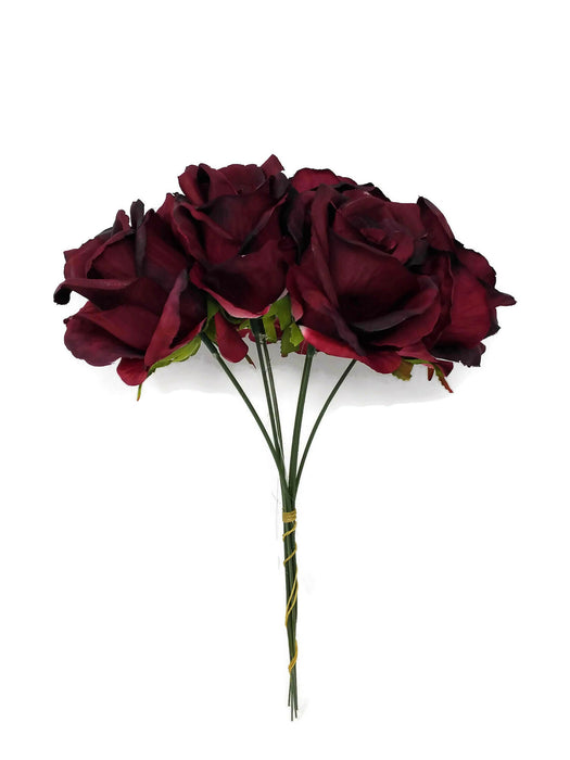 6 Wired Stem Rose Bundle x 27cm - Burgundy