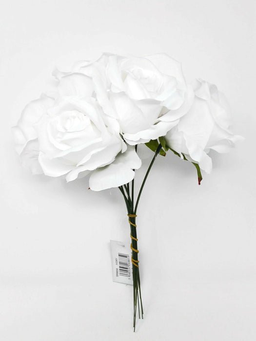 6 Wired Stem Rose Bundle x 27cm - White