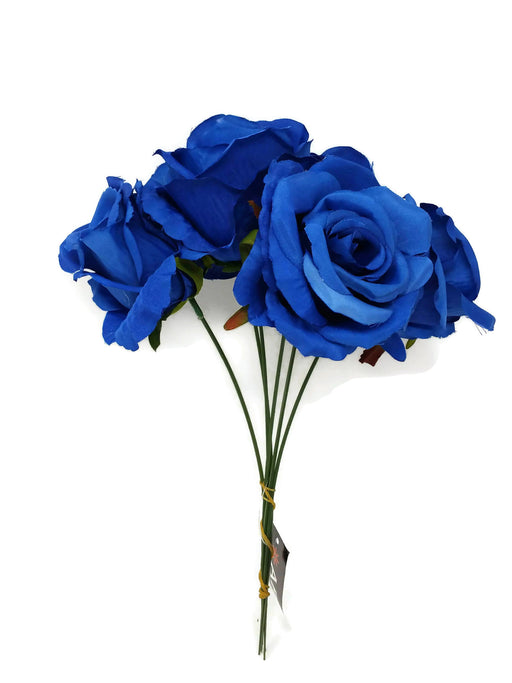 6 Wired Stem Rose Bundle x 27cm - Royal Blue