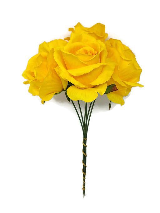 6 Wired Stem Rose Bundle x 27cm - Yellow