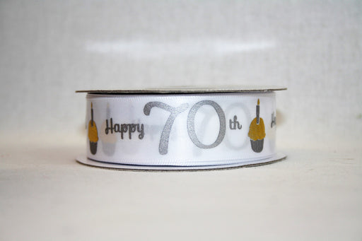 Happy 70th Silver & Gold on White Satin Ribbon 25mm