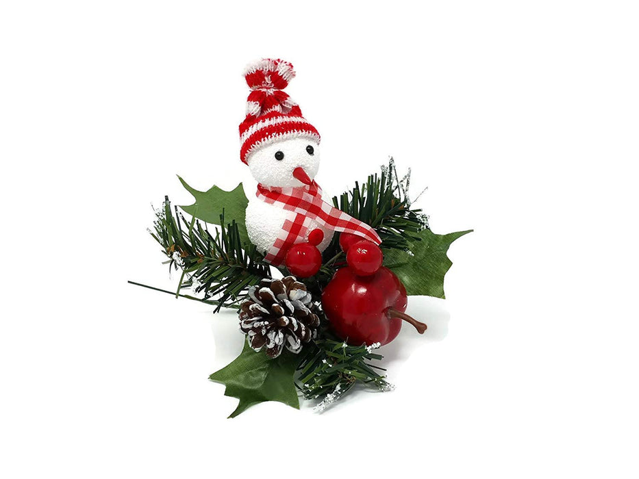 Single Christmas Snowman & Apple Artificial Pine Pick x 18cm