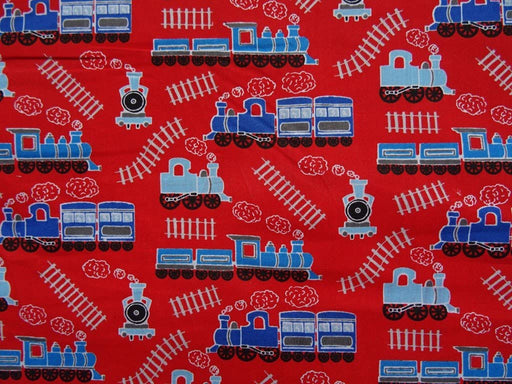 1 Metre Polycotton Train Fabric on Red Background - 45" Width T213