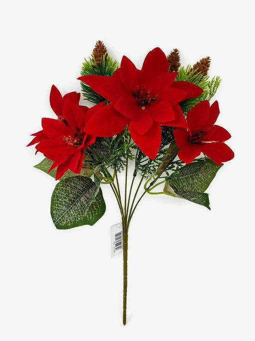 7 Stem Red Poinsettia & Pine Cone Bush x 40cm