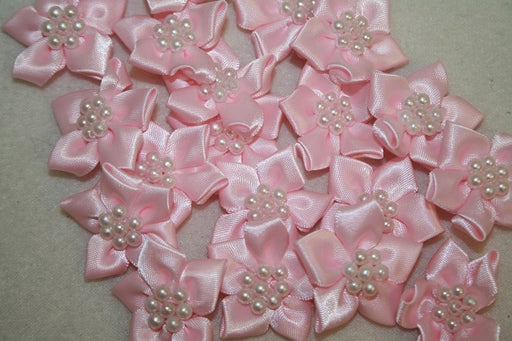 satin ribbon flower & pearl x20pcs baby pink