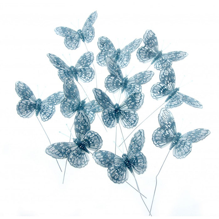 7cm Glitter Butterflies -12pcs per pk on a 20cm Wire - Blue