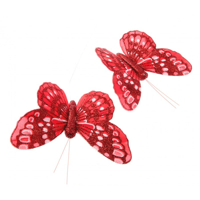 7cm Glitter Butterflies - Red -12pcs per pk on a 20cm Wire