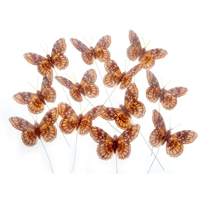 7cm Glitter Butterflies -12pcs per pk on a 20cm Wire - Orange