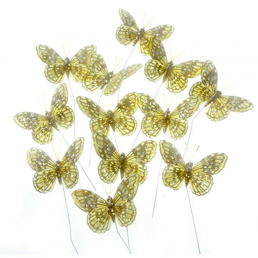 7cm Glitter Butterflies -12pcs per pk on a 20cm Wire - Yellow
