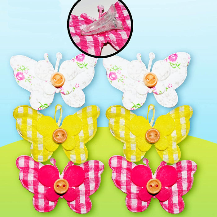 6 Fabric Butterfly Clips with Button, Yellow, Pink Gingham and Purple Floral