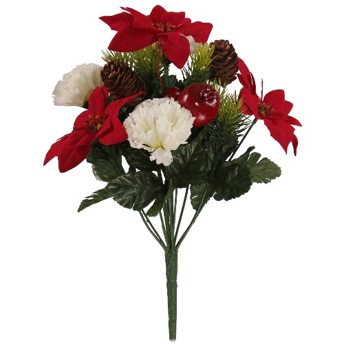 Red & Cream Poinsettia Carnation & Pine Cone Bush x 37cm