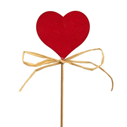 Red Wooden Heart Pick With Raffia x 12
